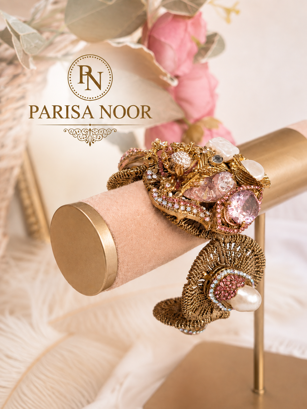 Lale Luxury Turkish Pearl & Rose Cuff Bangle