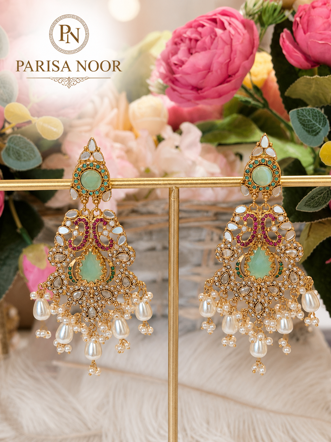 Esra Luxury Turkish Mint Green Statement Earrings