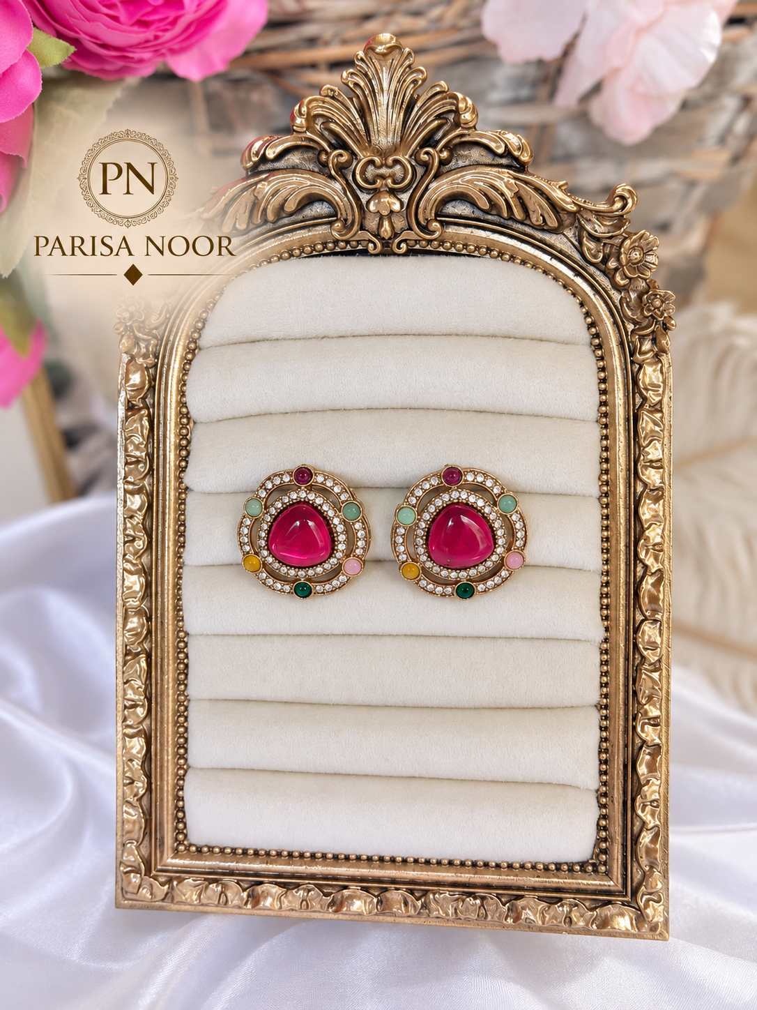 Ruhmeera Ruby Pink Multicolour Designer Stud Earrings