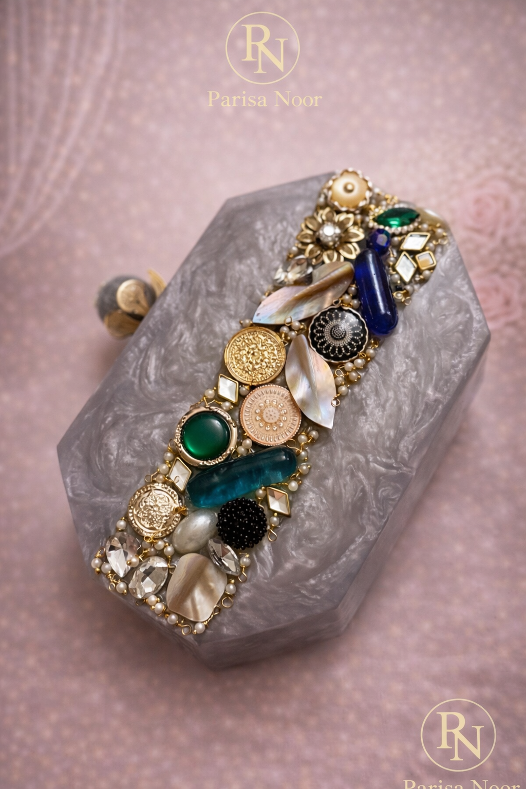 Sabila Embellished Resin Clutch Green