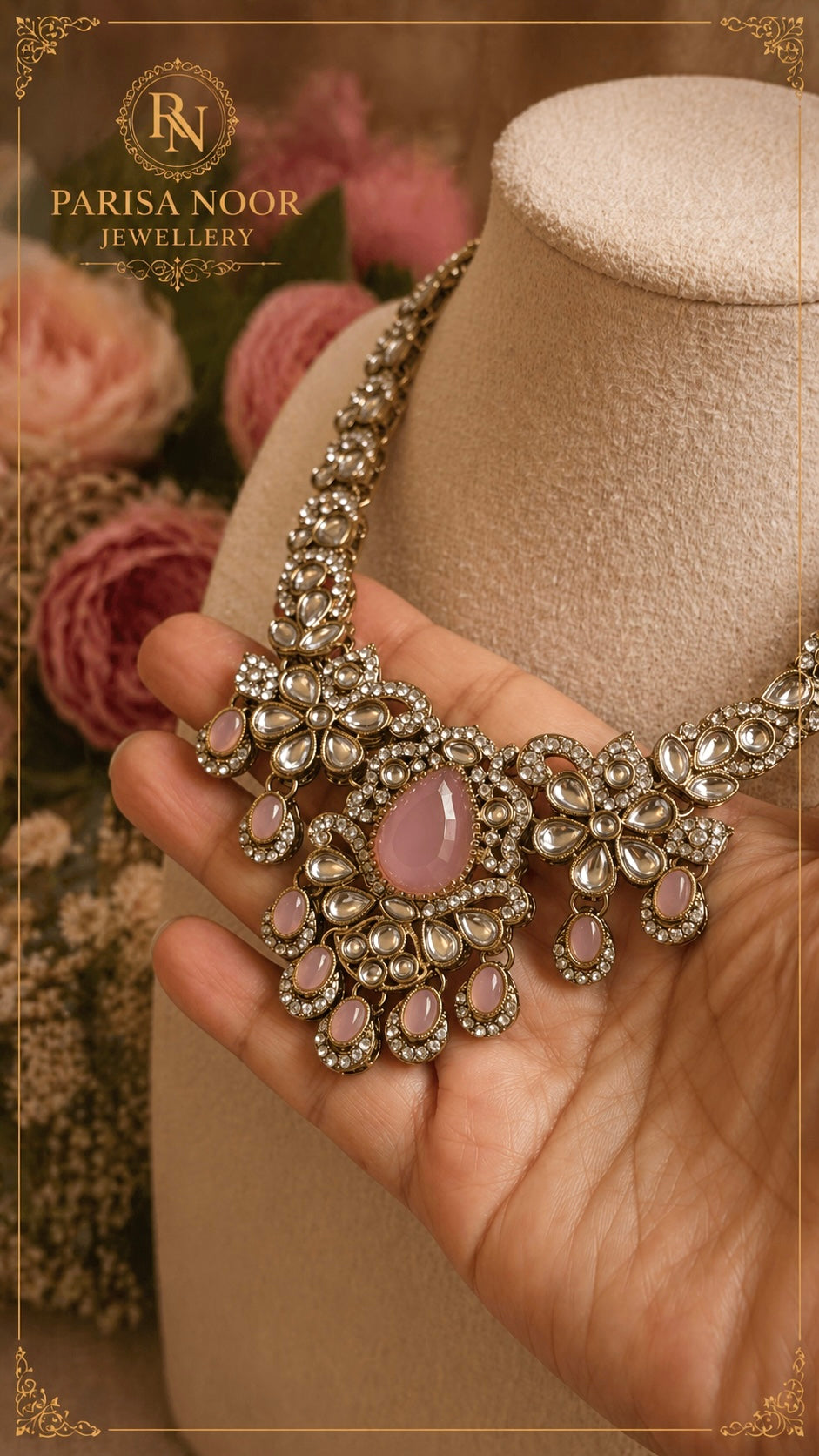 Anaya Pink Kundan Zircon Necklace Set with Teeka
