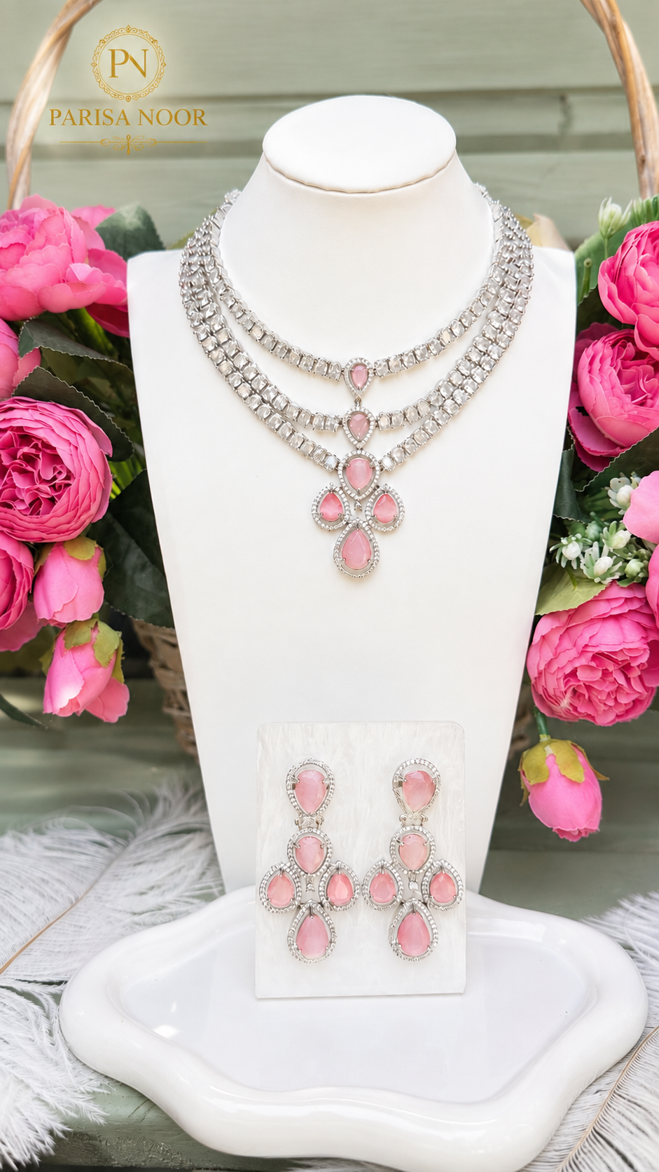Diya Blush Pink Layered AD Necklace Set