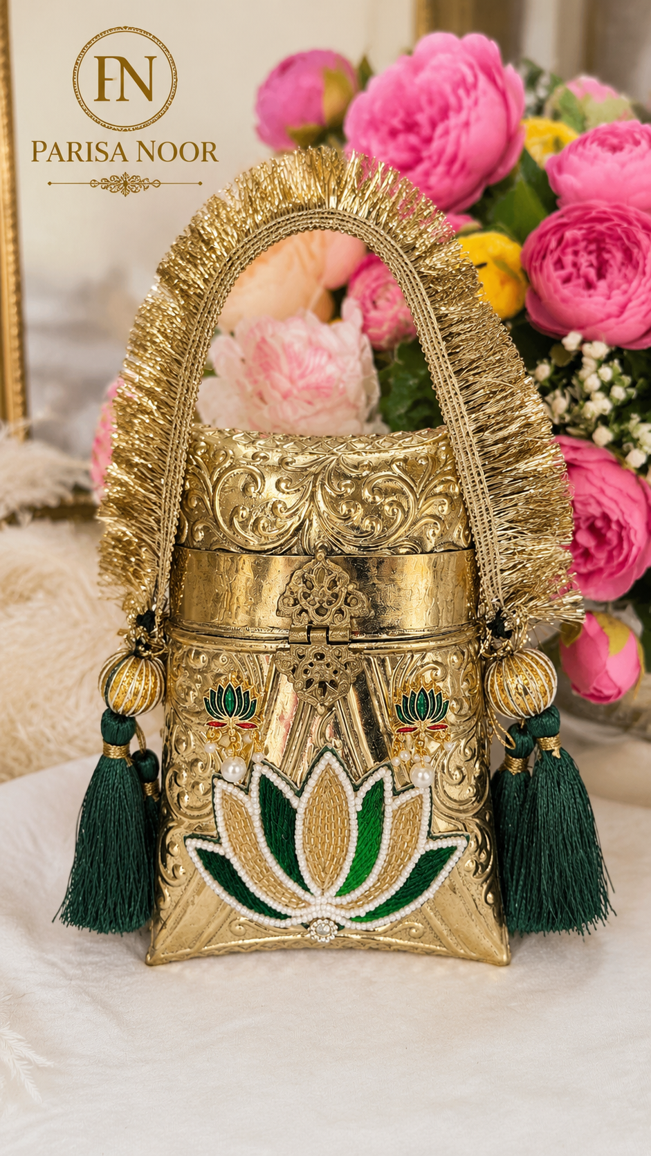 Shefali Emerald Lotus Brass Clutch Handbag