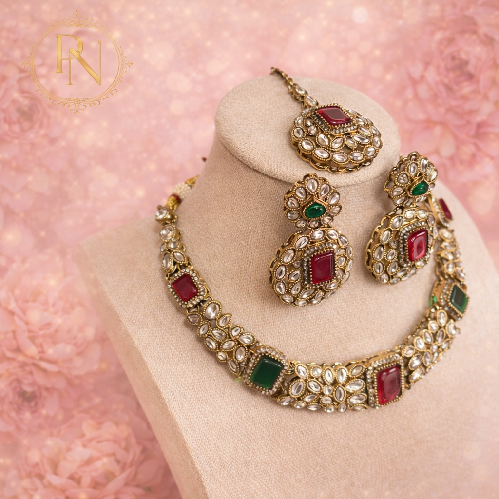 Zaina Kundan Necklace Set in Green  and Pink Ruby