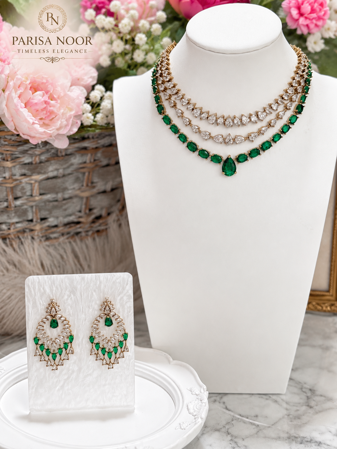 Avelora Layered Emerald Victorian AD Necklace Set