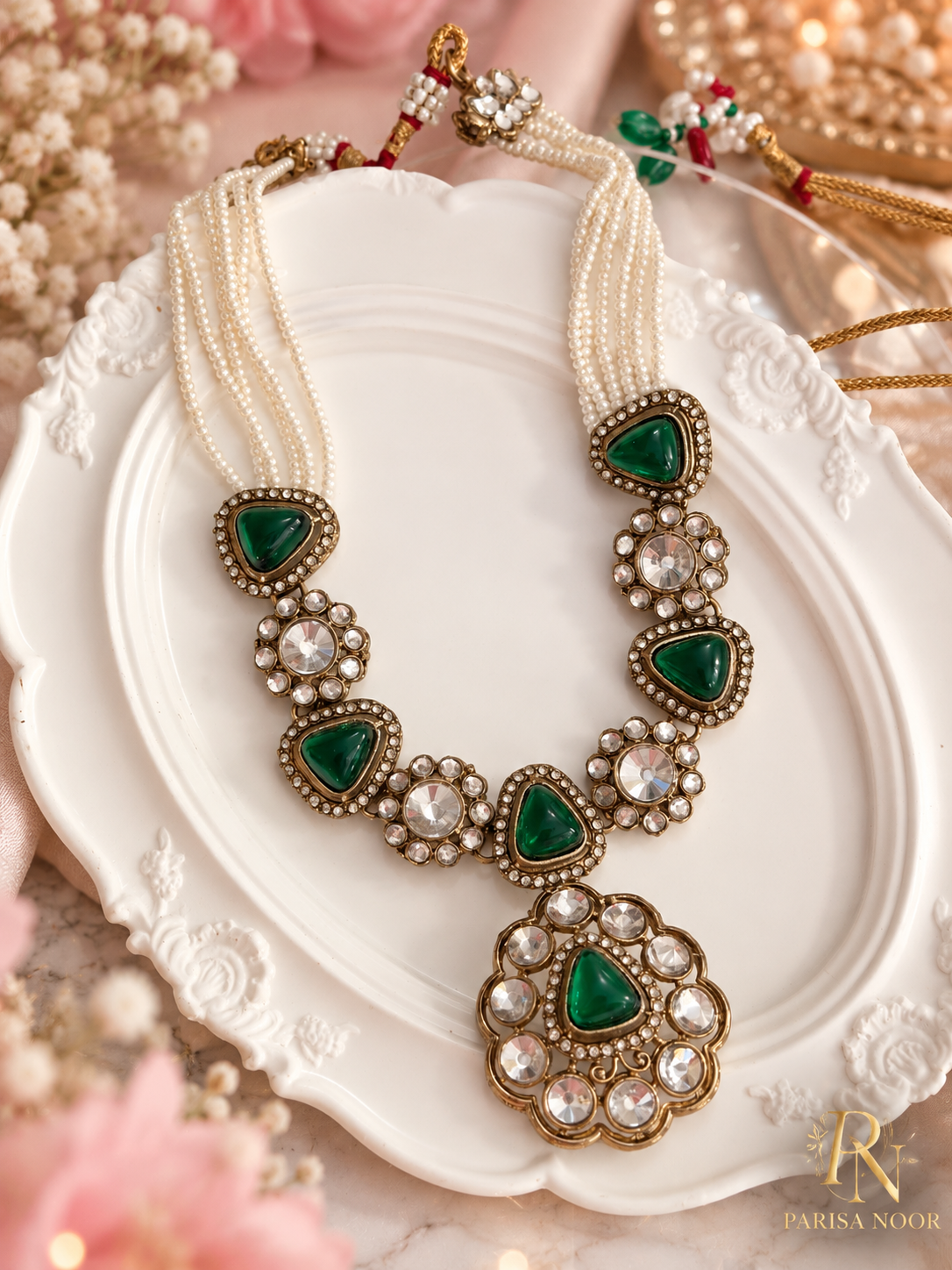 Mehrvani Emerald Green Polki Kundan Necklace Set