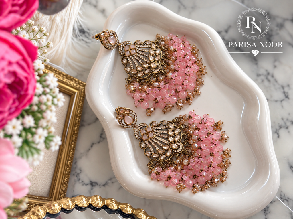 Inara Pink Kundan Beaded Chandbali Earrings