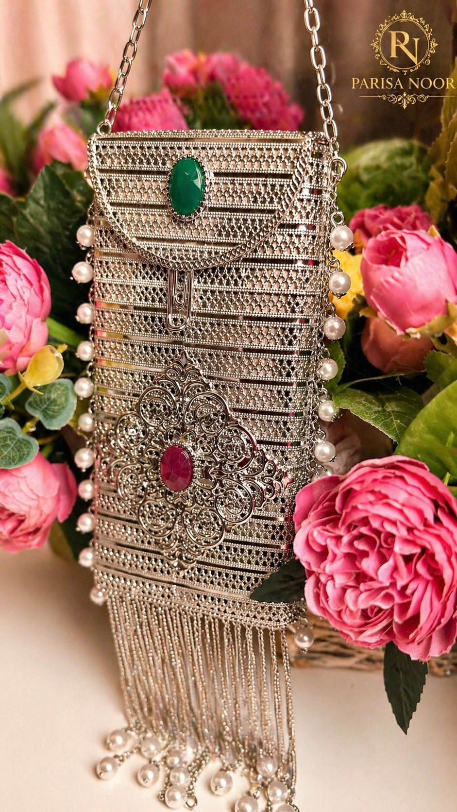 Archie Brass Mobile Silver Clutch