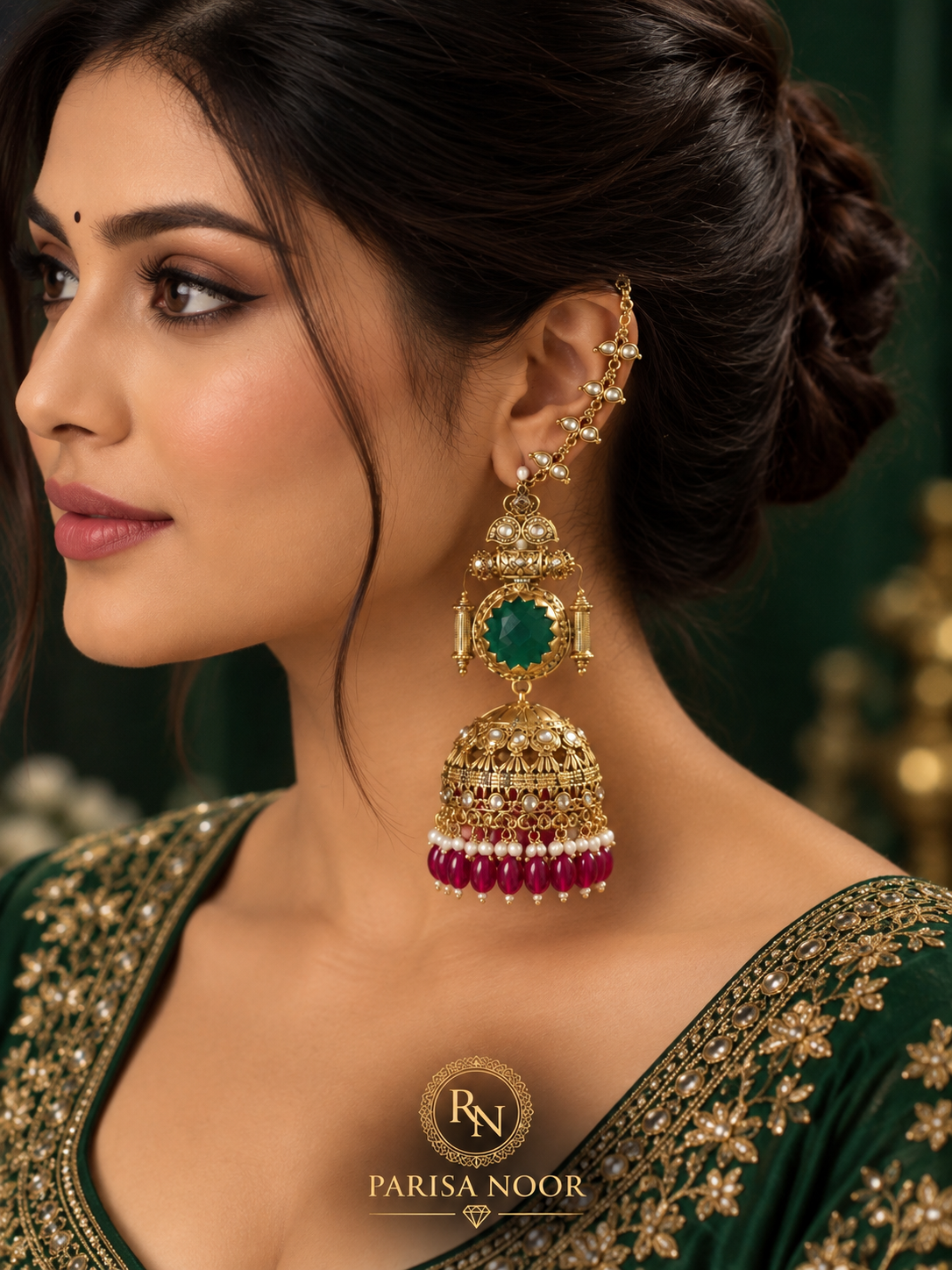 Pravisha Emerald & Ruby Premium Jhumka Earrings with Kaan Chain