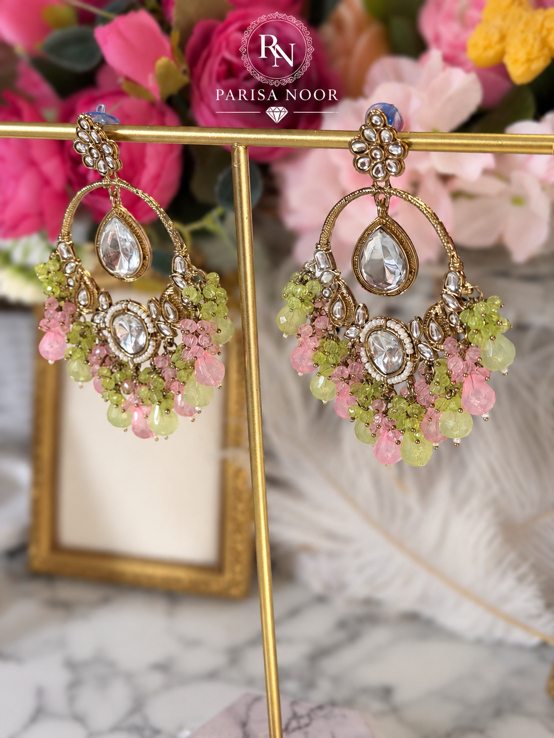 Zelina Mint & Pink Kundan Beaded Chandbali Earrings