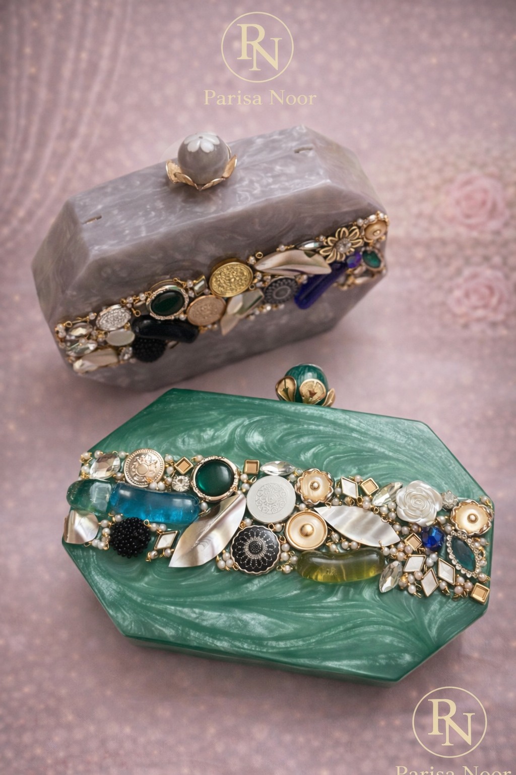 Sabila Embellished Resin Clutch Green