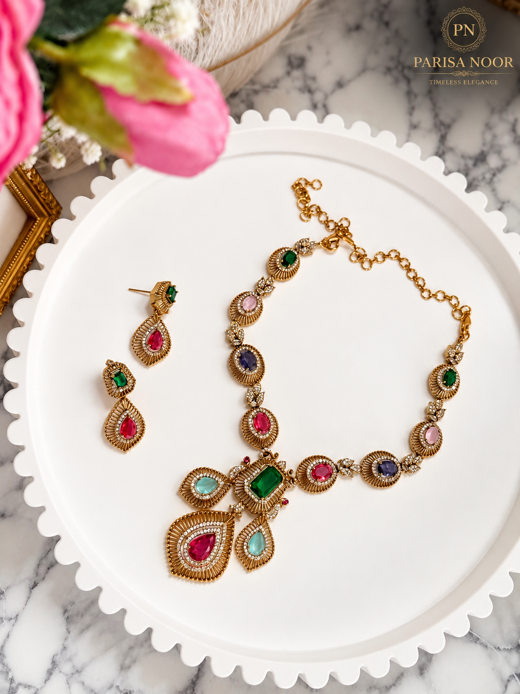 Kashira Multicolour Semi-Long Heritage AD Necklace Set