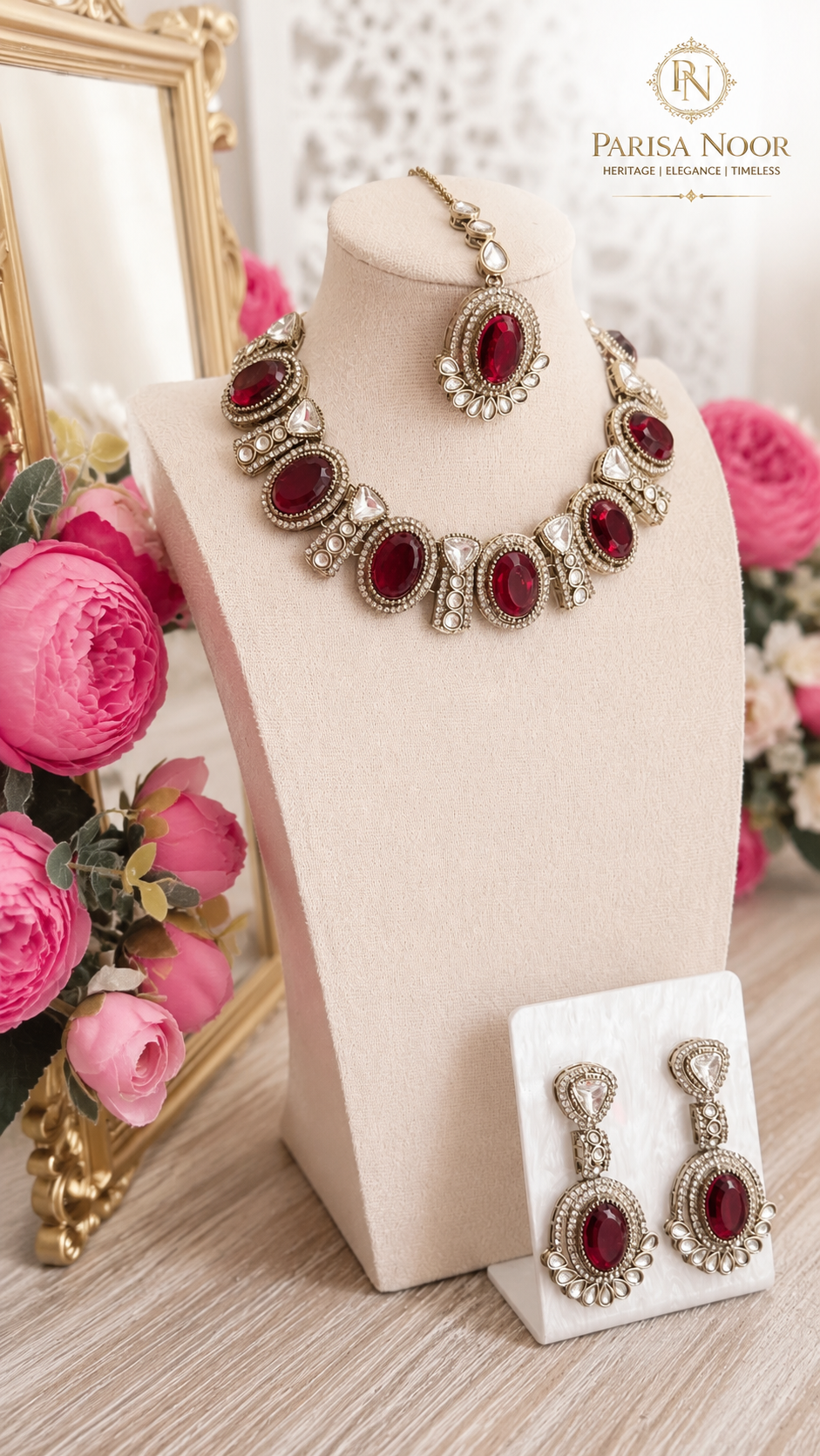 Rumena Garnet Polki Kundan Necklace Set