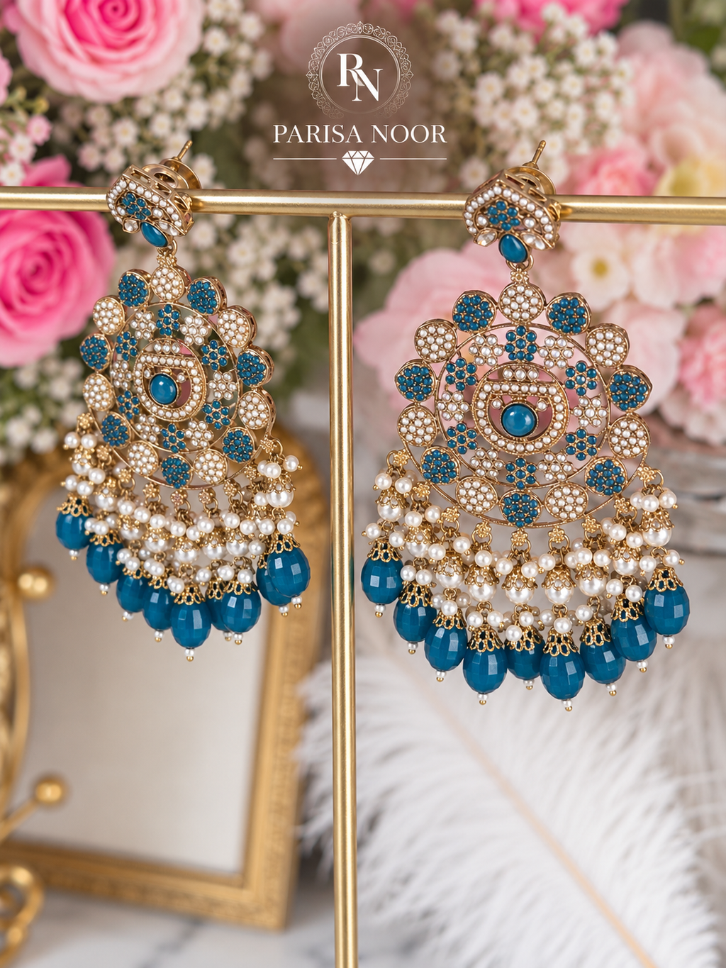 Zafira Turkish Blue Kundan Pearl Statement Earrings