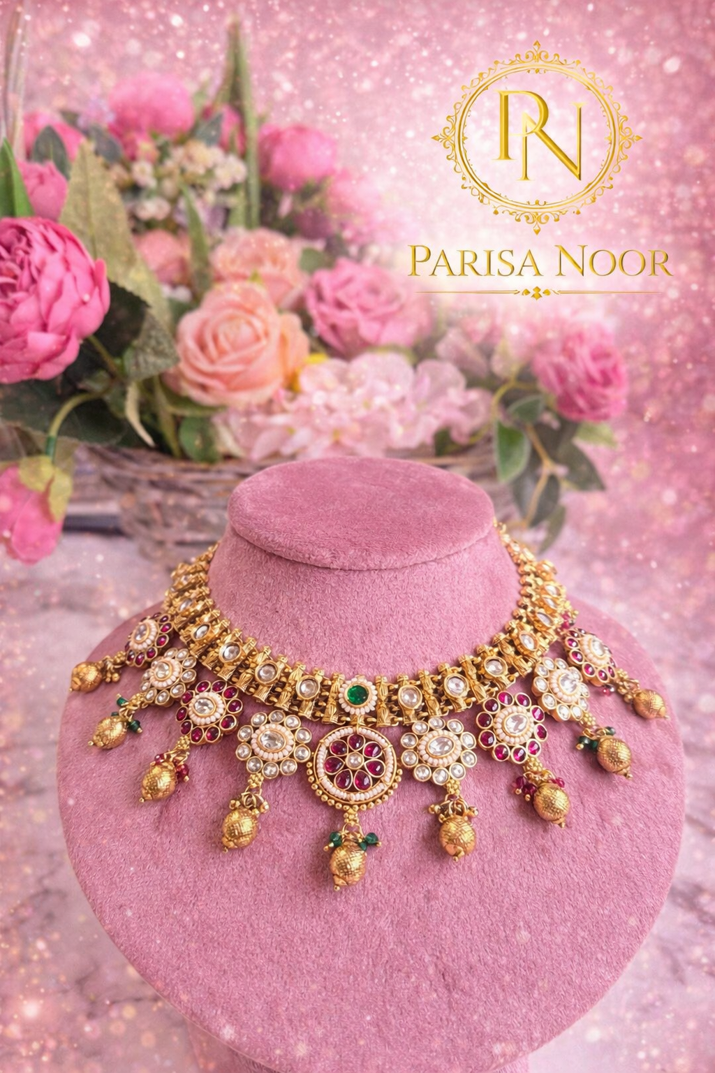 Riyasaat Ruby Green Heritage Necklace Set with Earring
