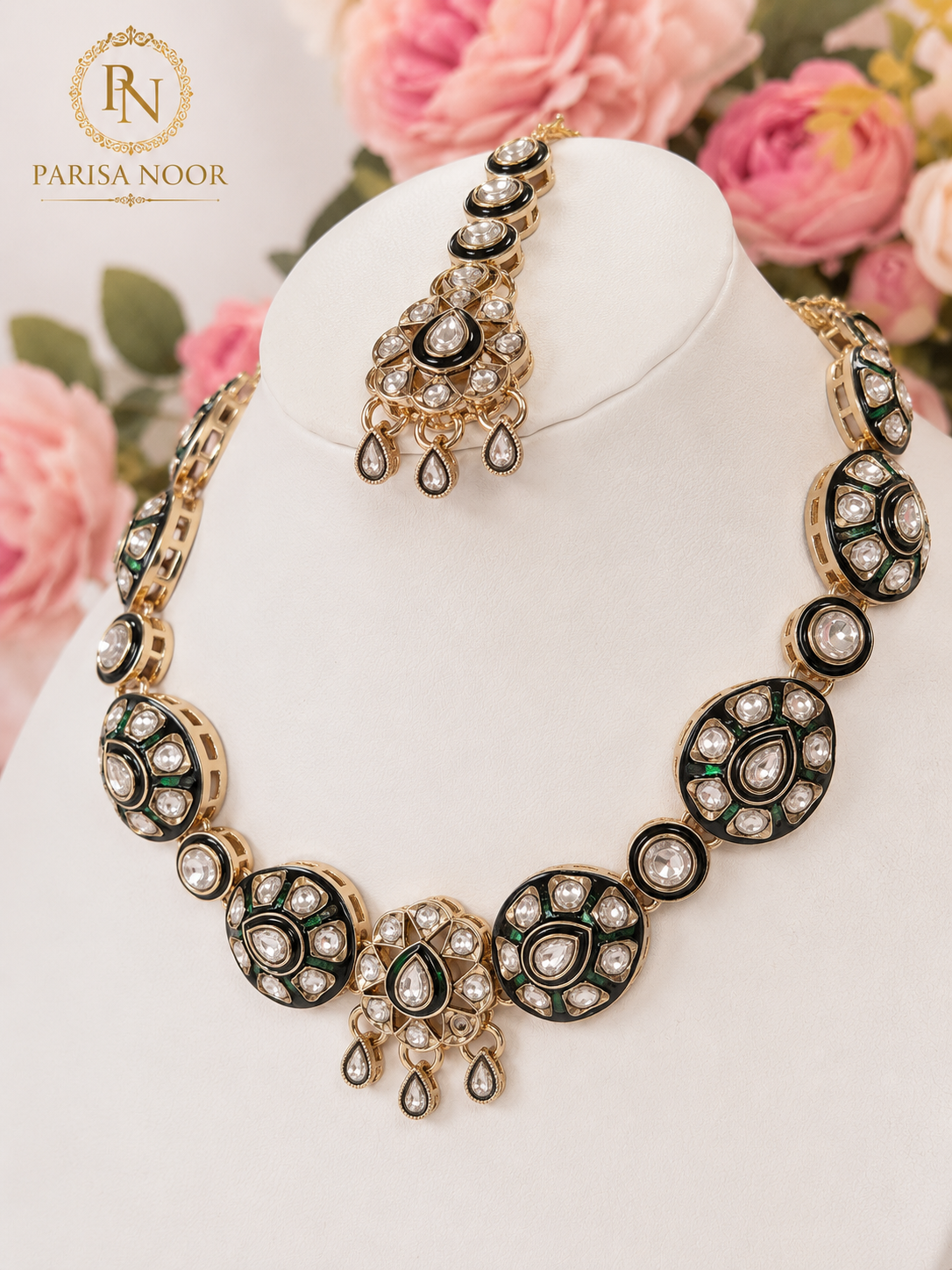 Meherza Kundan Meenakari Green Necklace Set