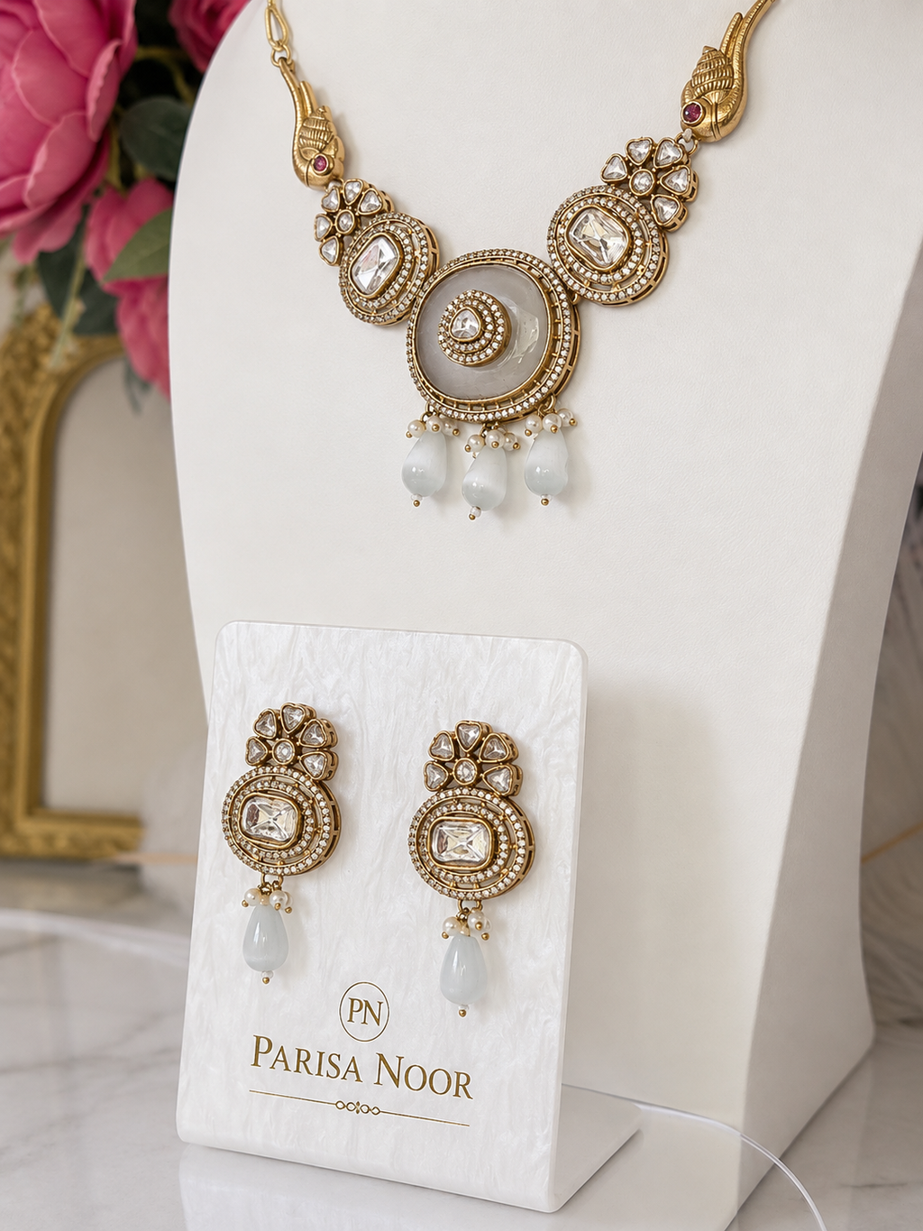 Avni Ivory Polki & Pearl Designer Semi Long Necklace Set