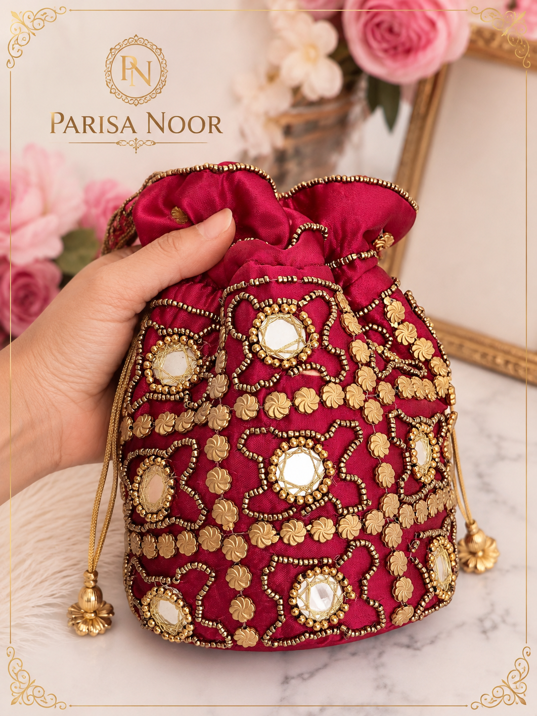 Zura Burgundy Red & Gold Designer Potli Bag