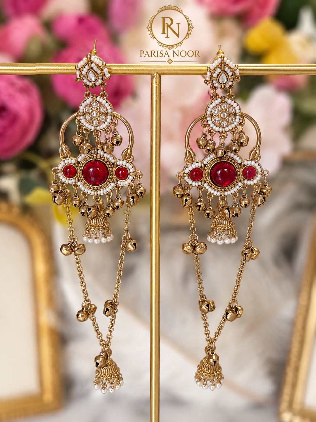 Ruhbina Ruby Champagne Gold Kashmiri Ghungru Earrings