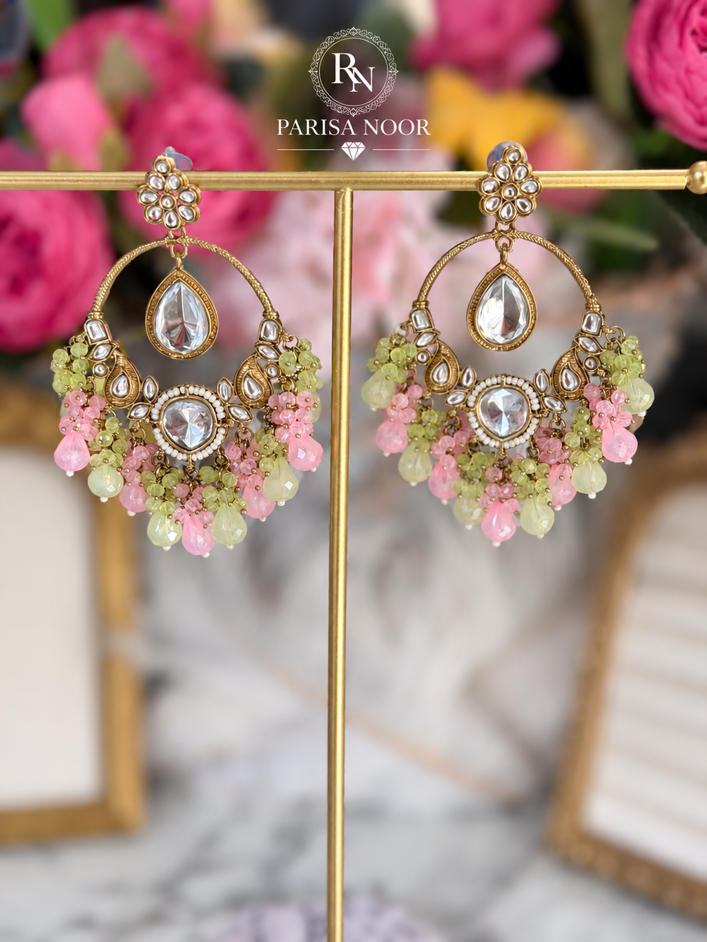 Zelina Mint & Pink Kundan Beaded Chandbali Earrings