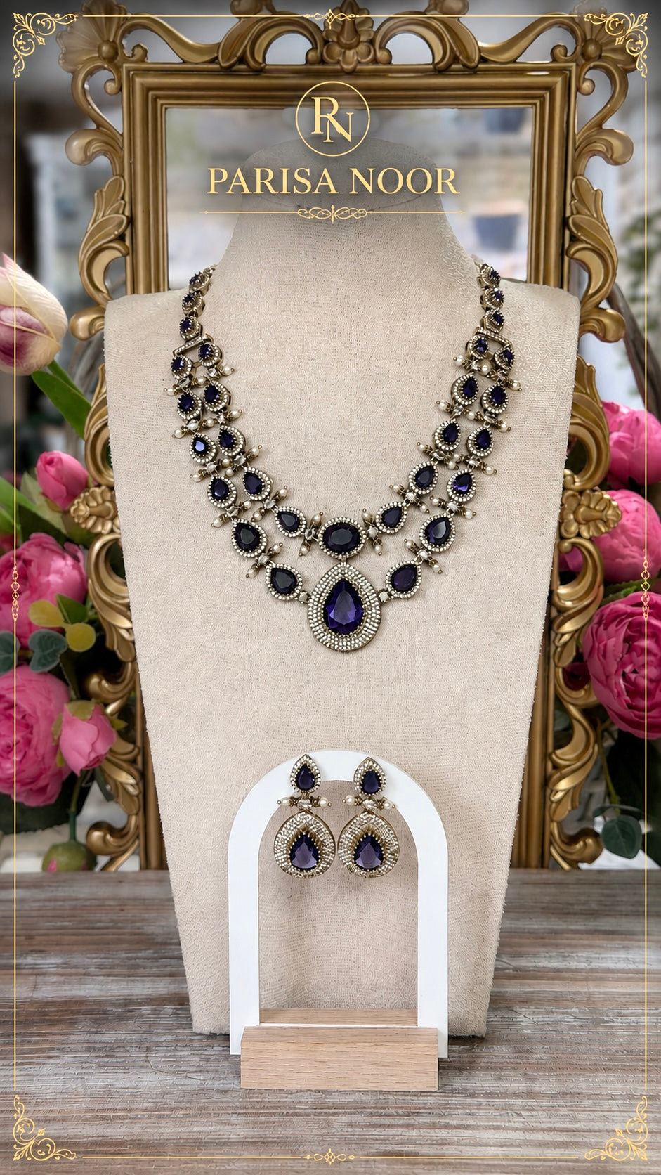 Leena Amethyst Victorian AD Double Layer Necklace Set