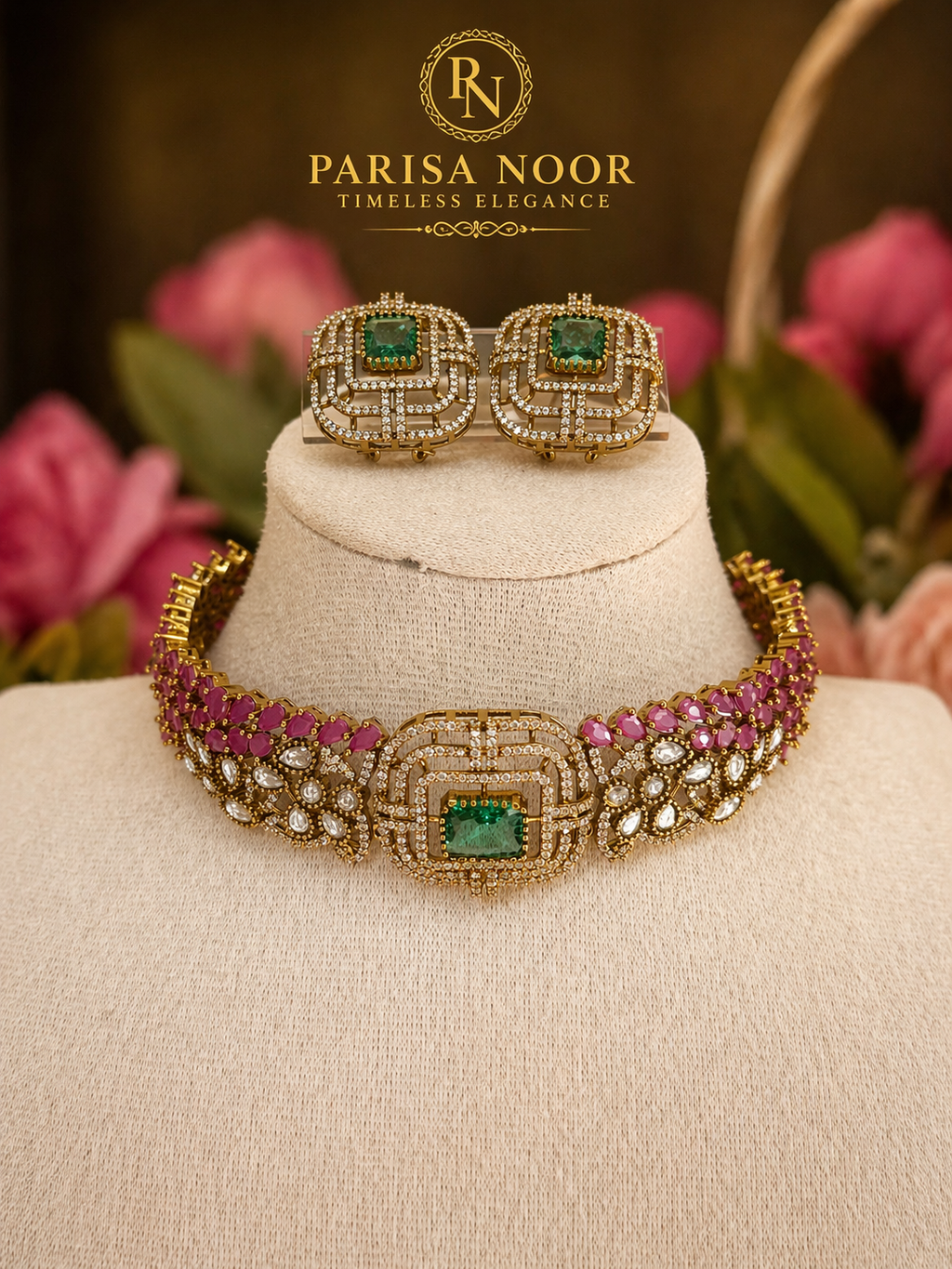 Rose Emerald Luxury Victorian Choker Necklace Set