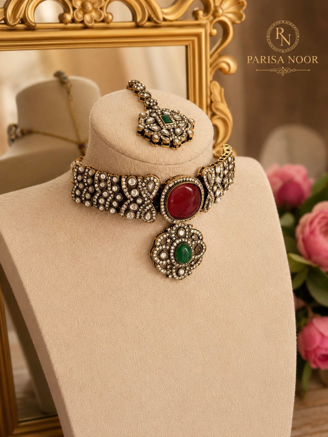 Ramesha Designer Kundan Choker Set - Red & Green