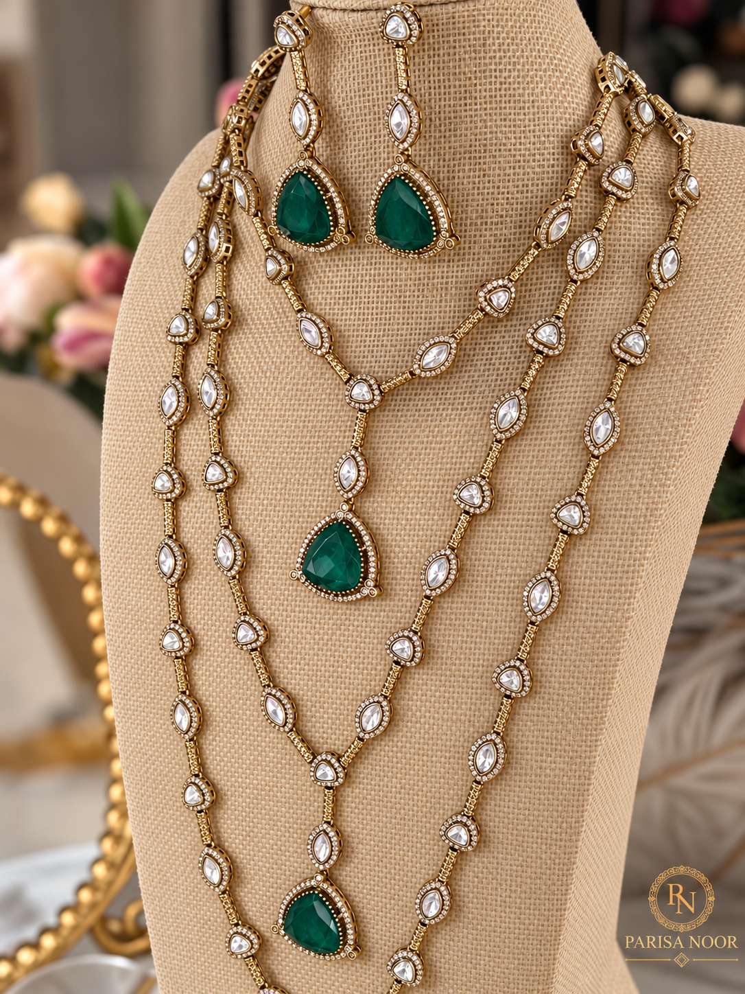 Samyukta Rajrani Emerald Layered Long Necklace Set