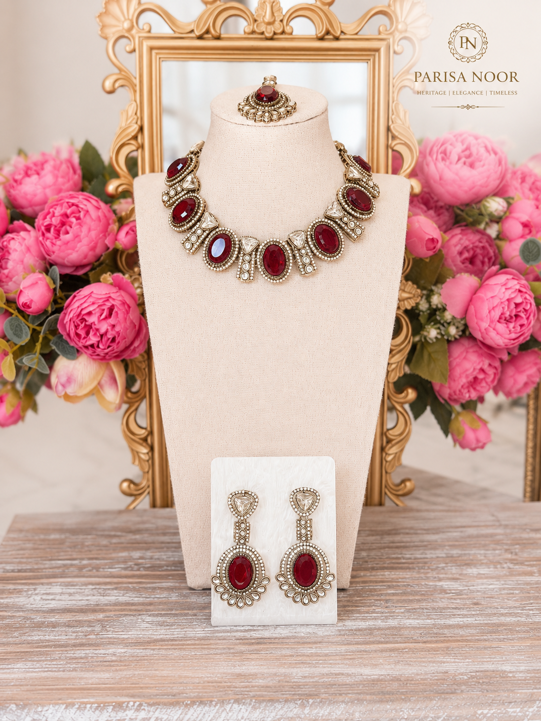 Rumena Garnet Polki Kundan Necklace Set