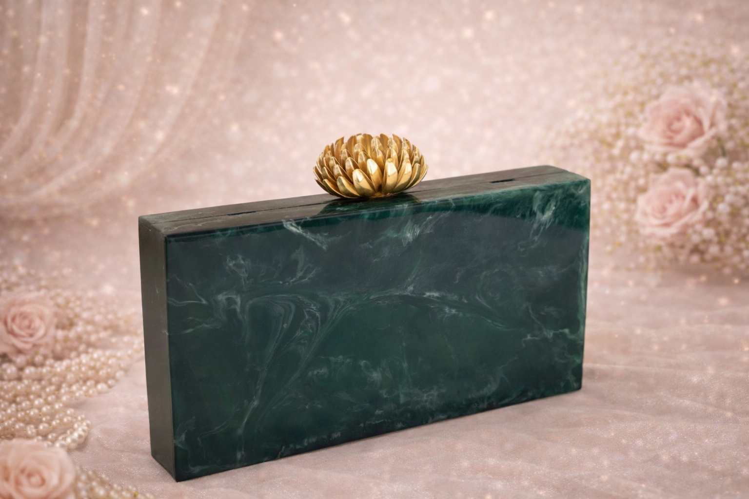 Zara Kundan Green Resin clutch with Pearl Handle