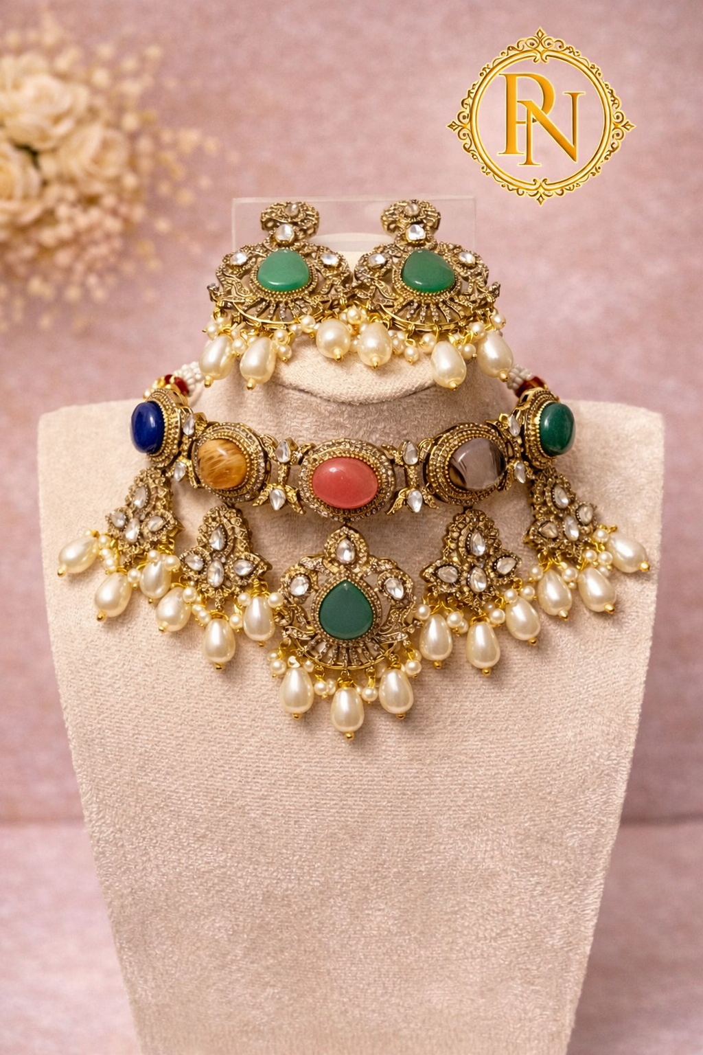Noor Maharani Multigem Designer Necklace Set