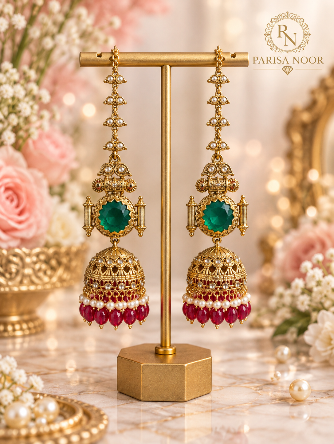 Pravisha Emerald & Ruby Premium Jhumka Earrings with Kaan Chain