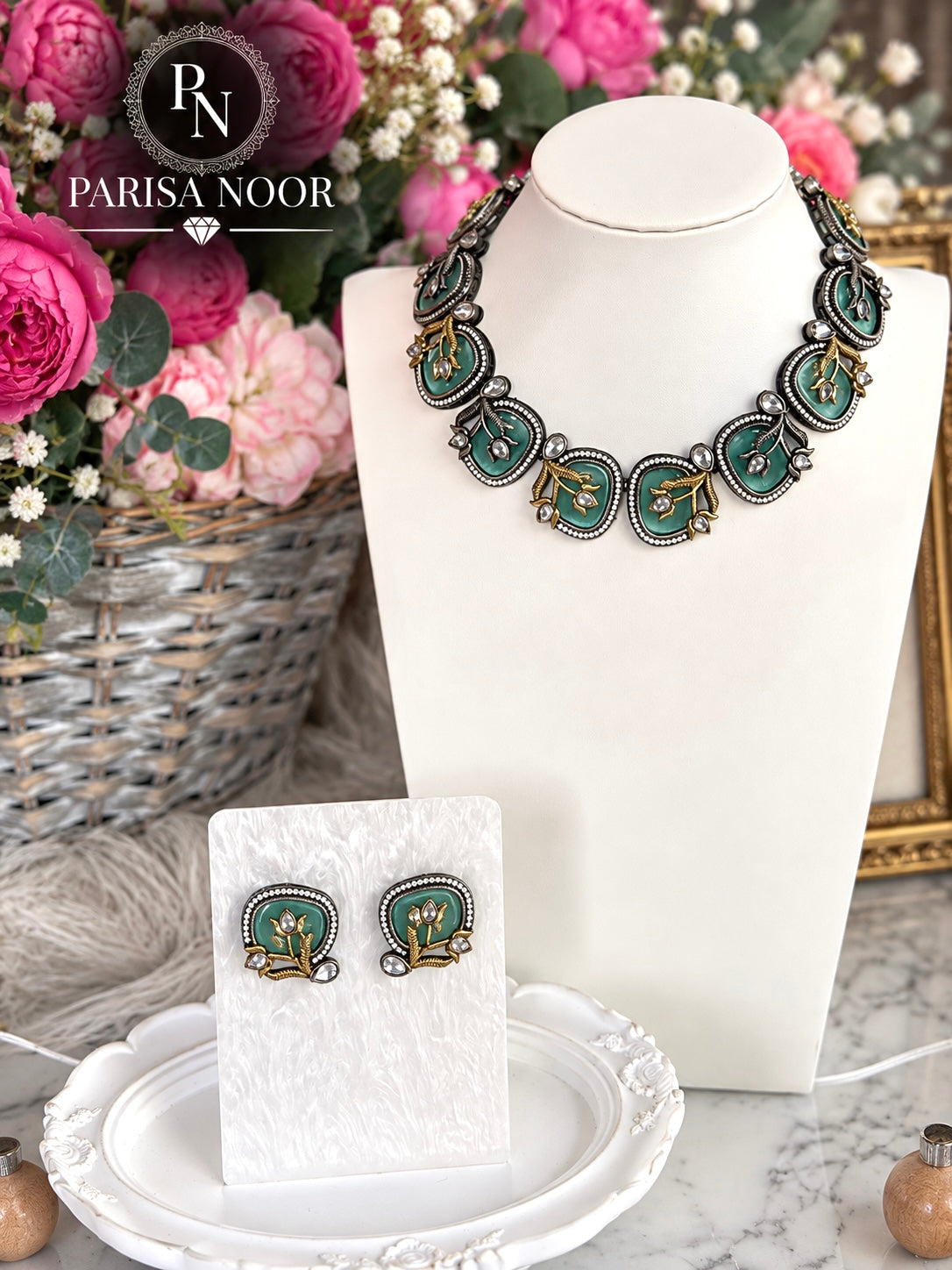 Zelvaya Teal Botanical Designer Necklace Set