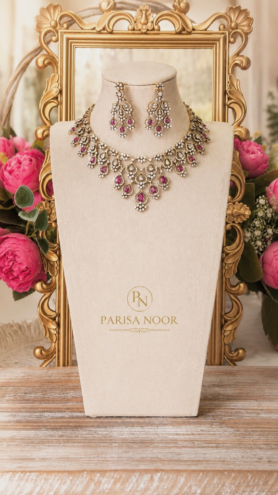 Rubaab Victorian Moissanite Necklace Set – Ruby Pink