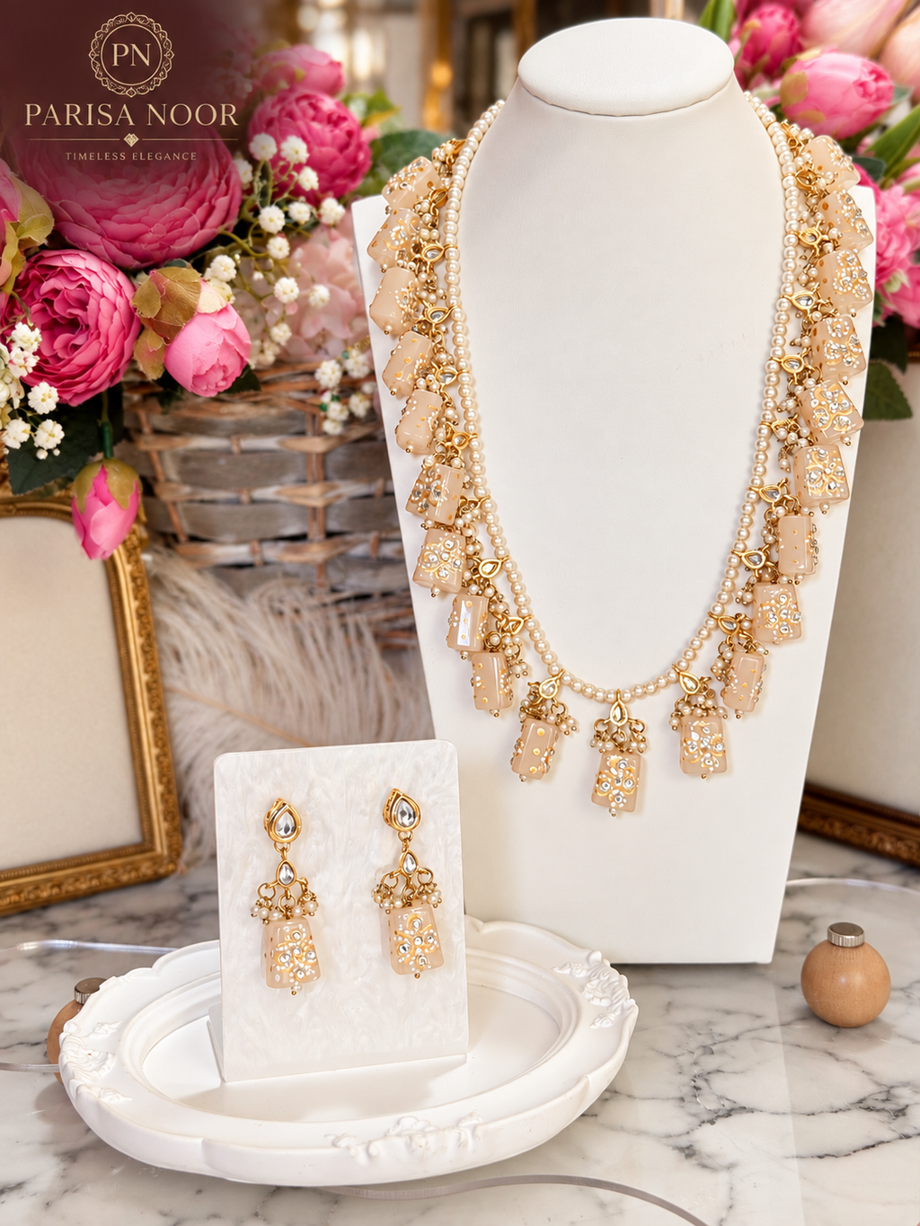 Zivanya Designer Handpainted Quartz & Kundan Necklace Set