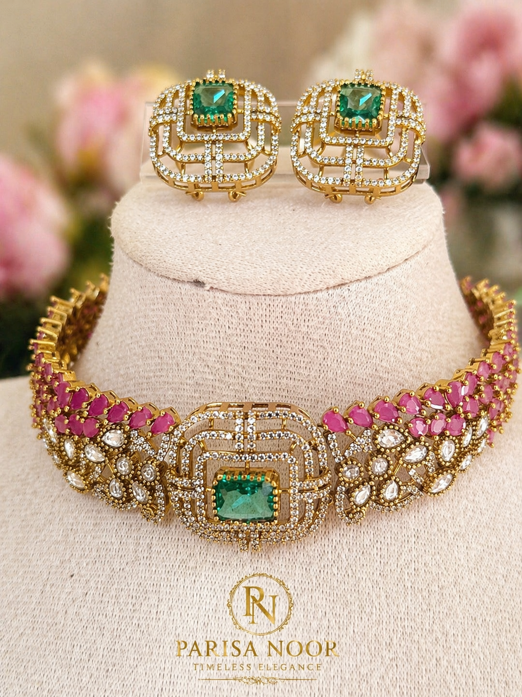 Rose Emerald Luxury Victorian Choker Necklace Set