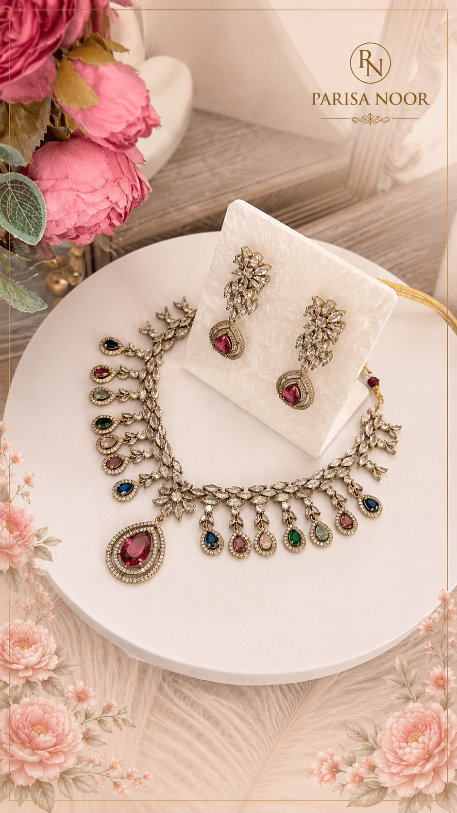 Maria Victorian Mehendi Polish AD Multi Necklace Set