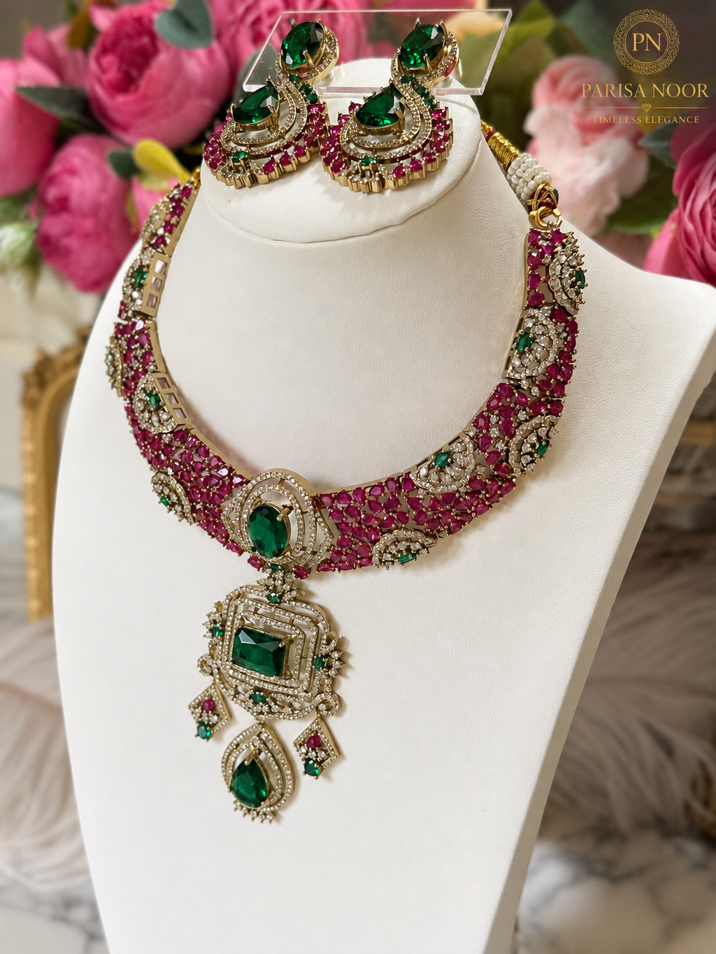Fariha Premium Designer Victorian AD Moissanite Necklace Set