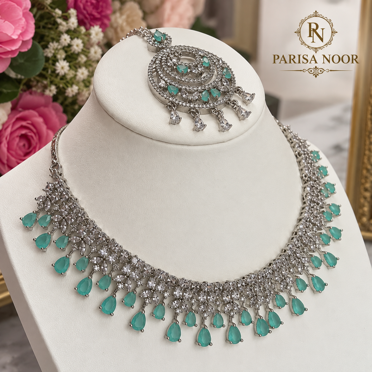 Seraya Aqua AD Stone Necklace Set