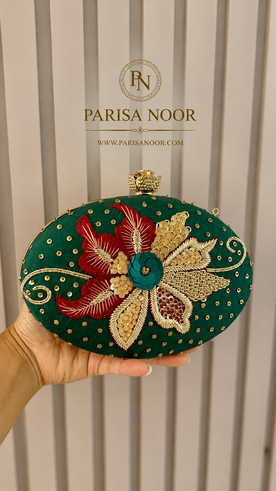 Elena Green Oval Embroidered Clutch