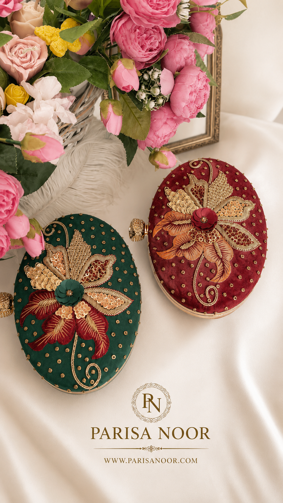 Elena Red Oval Embroidered Clutch