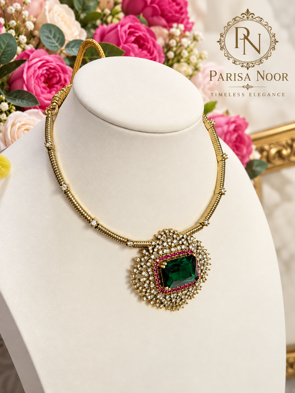 Mahira Emerald Designer Hasli Necklace Set