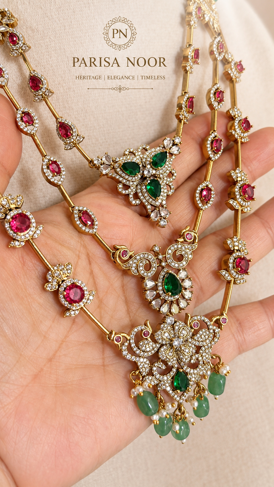 Qaynat Victorian Three Layer Semi Long Necklace Set