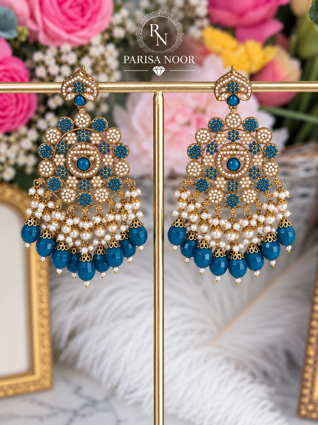 Zafira Turkish Blue Kundan Pearl Statement Earrings