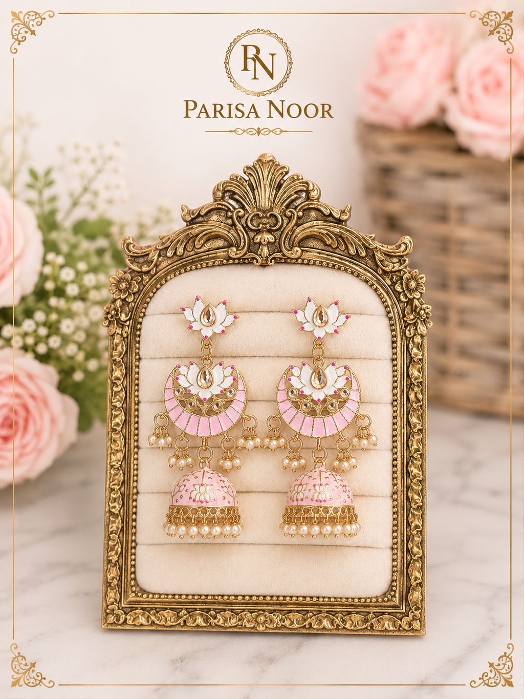 Meherza Baby Pink Meenakari Jhumki Earrings