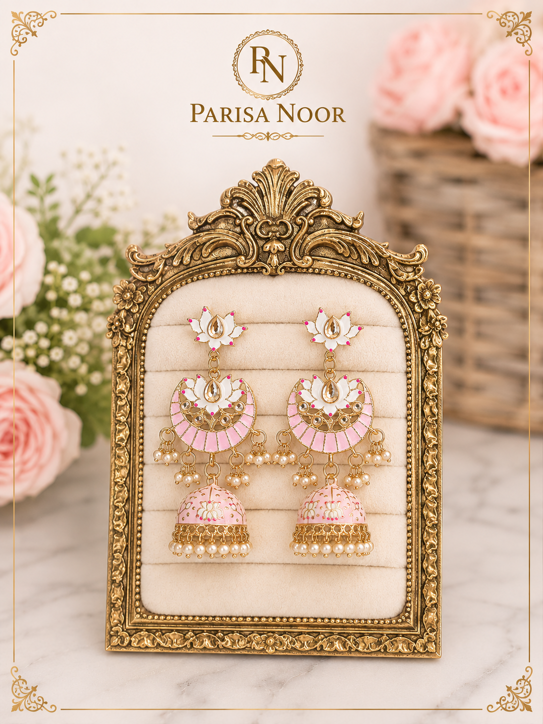 Meherza Baby Pink Meenakari Jhumki Earrings