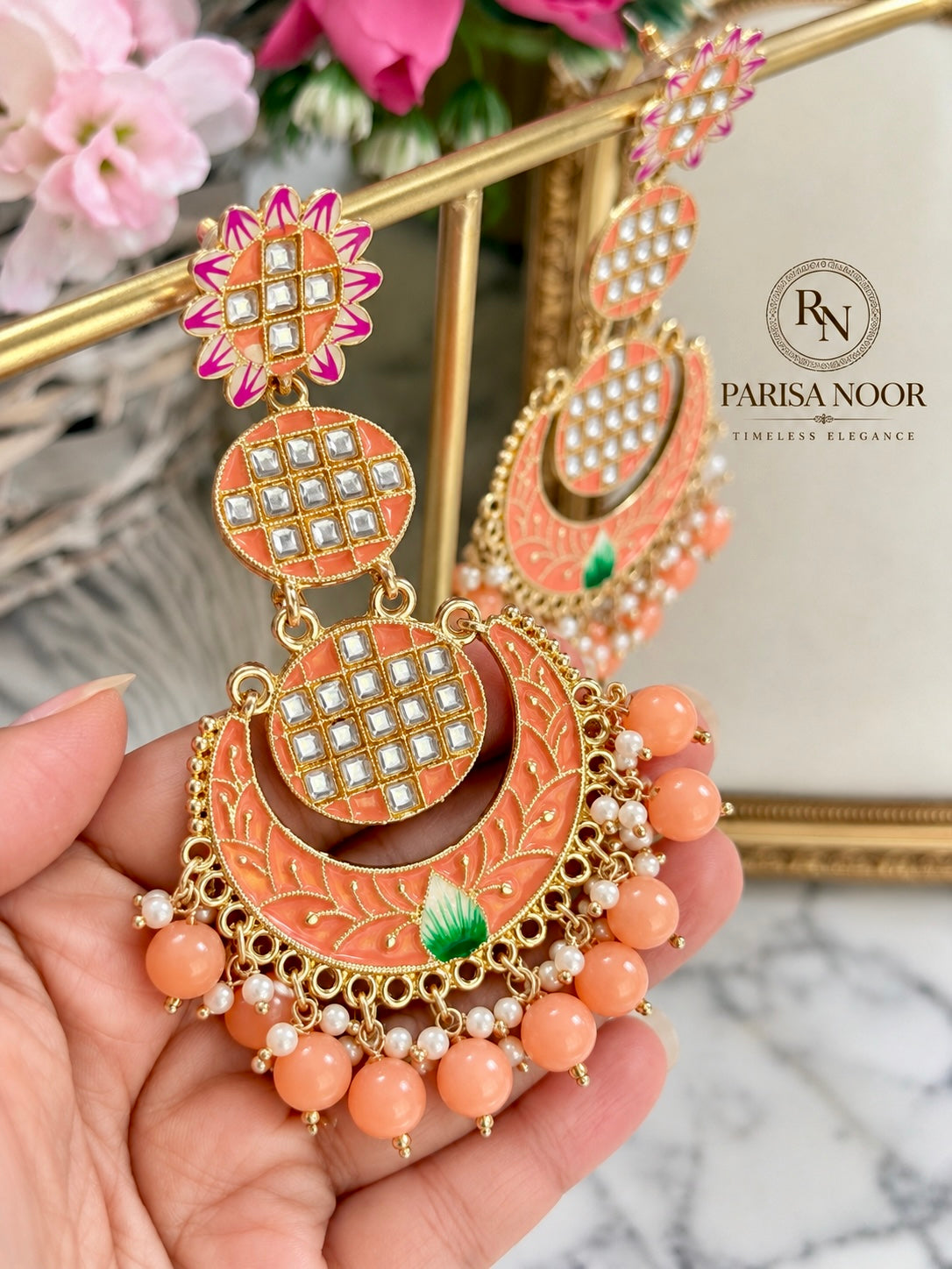 Aarohi Peach Meenakari Statement Earrings
