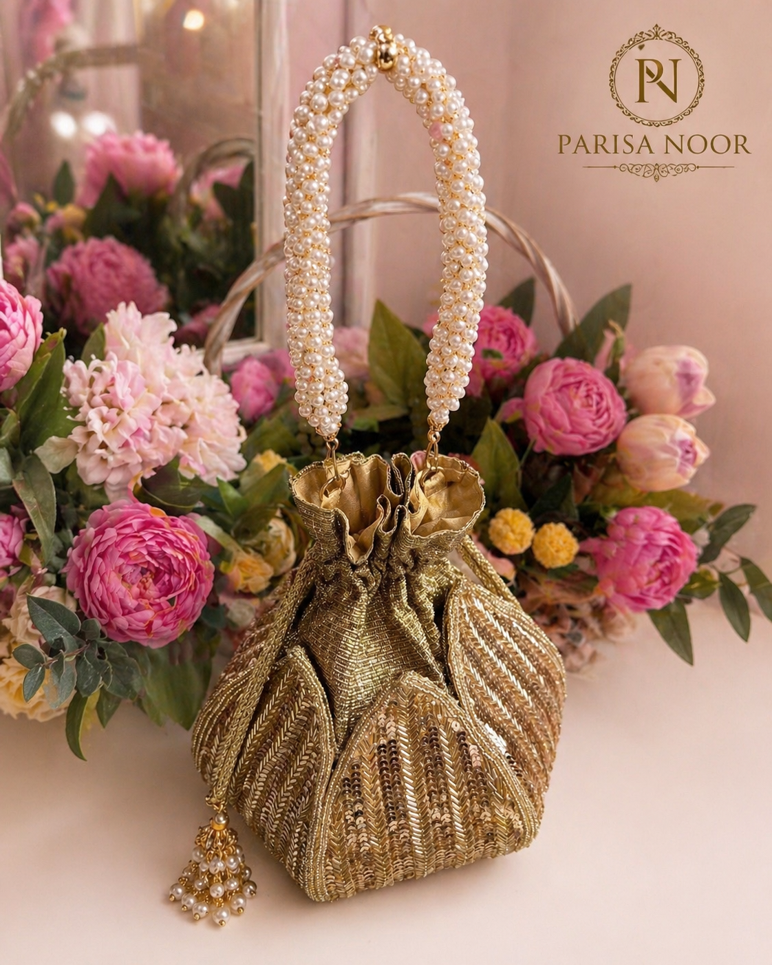 Aurelia Gold Lotus Potli Bag
