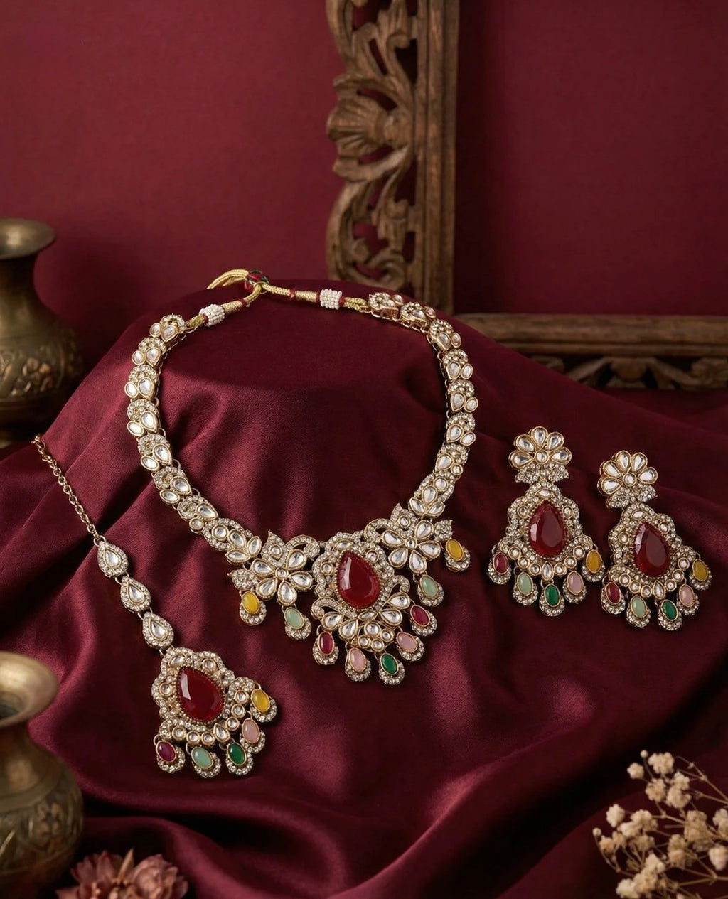 Anaya Multi Kundan Zircon Necklace Set with Teeka