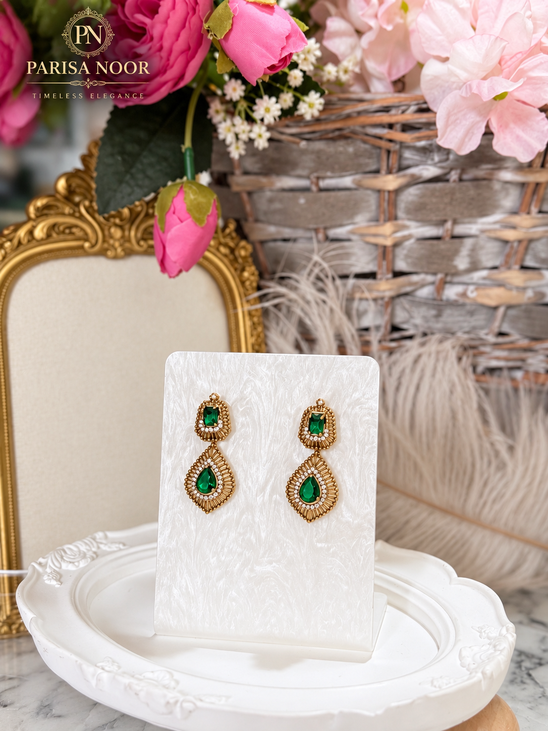 Kashira Green Heritage AD Semi-Long Necklace Set